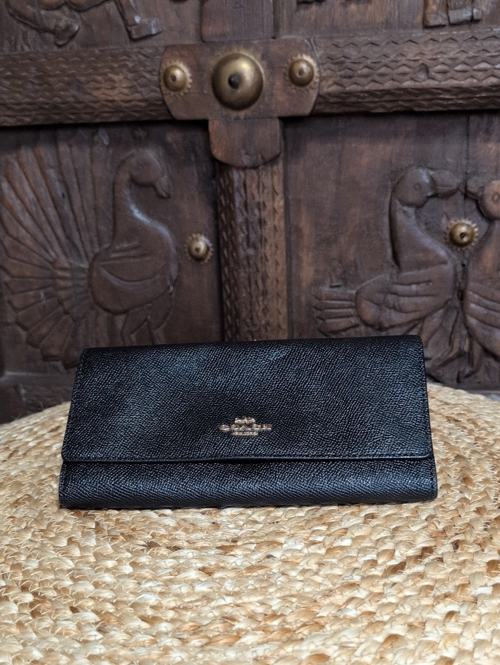 Coach Slim Trifold Wallet Black Crossgrain Leather Long Wallet